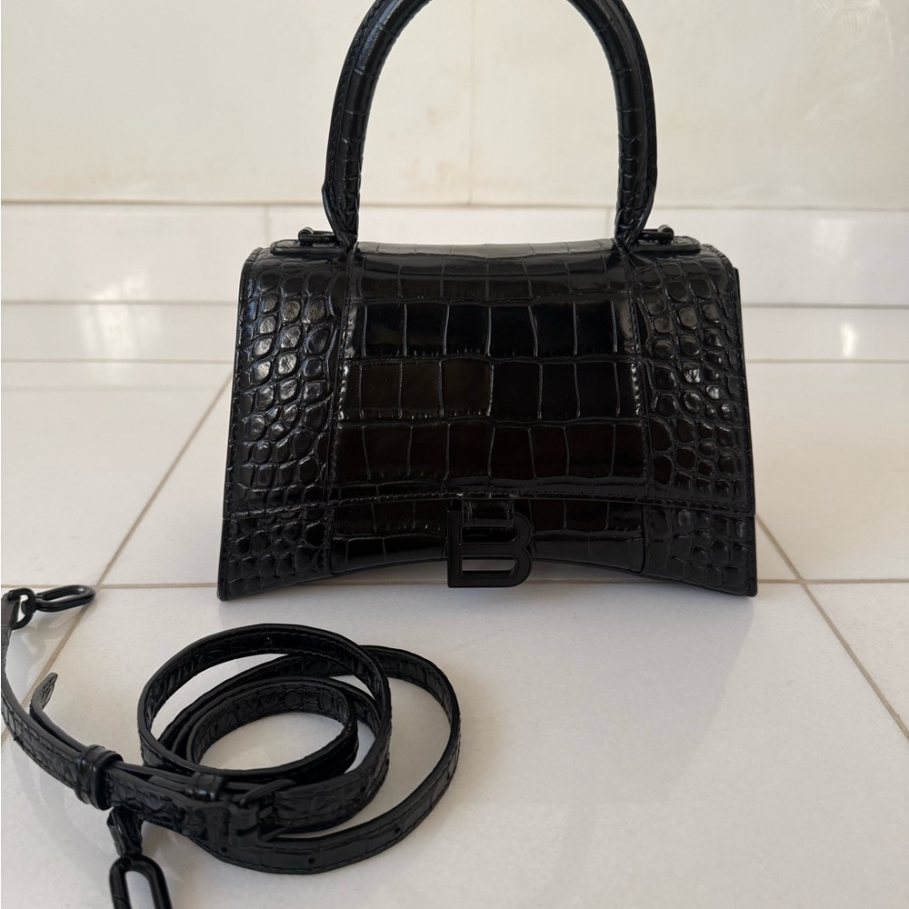 Balenciaga Black Croc-Embossed Small Top Handle Bag